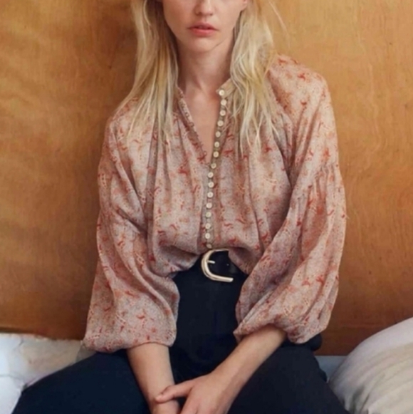 Zara Tops - Zara Sheer Paisley Blouse Medium Boho Balloon Sleeve Button Front Top